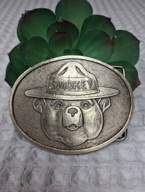 Vintage Smokey The Bear Brass Oval Belt Buckle US Forestry Service USFS